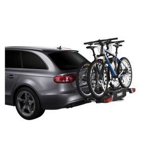image showing thule bike rack loaded up with 2 bikes on a car
